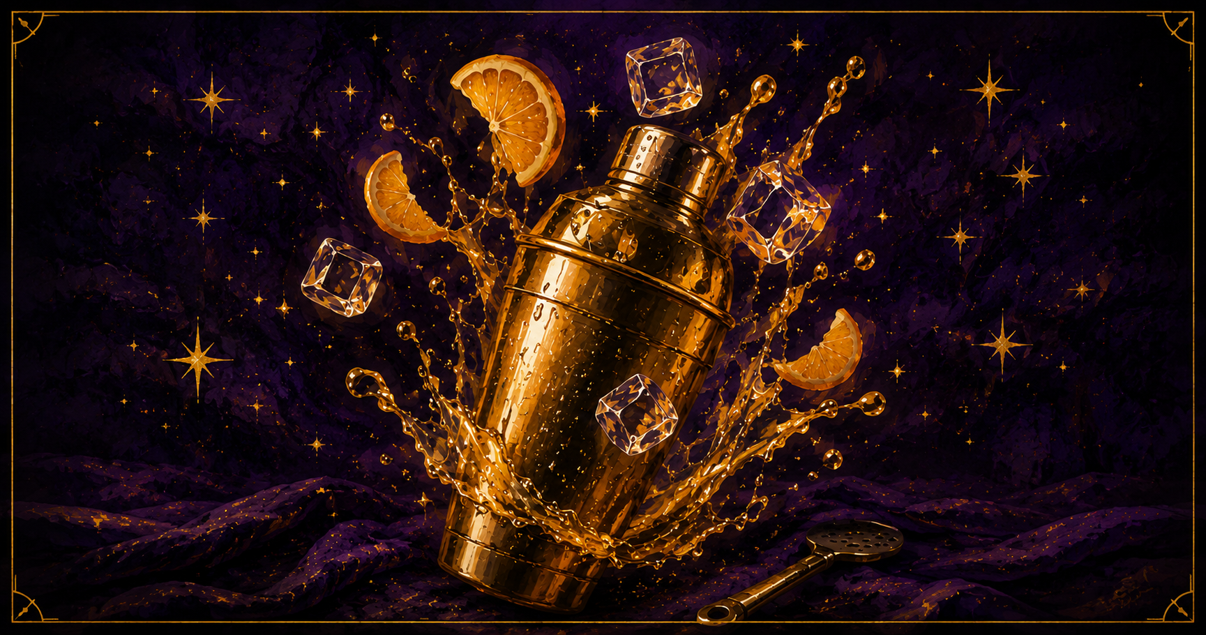A golden cocktail shaker mid-pour with citrus slices and ice, in the Starlit Magic style