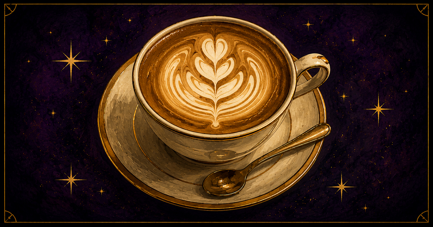 A latte with leaf rosetta art in a gold-rimmed cup and saucer, in the Starlit Magic style