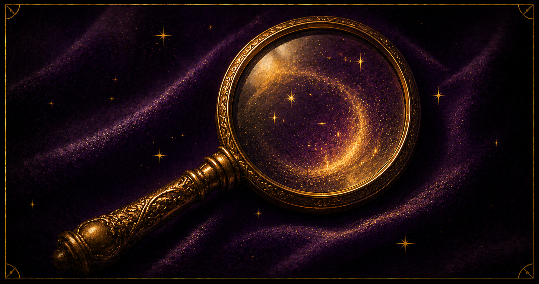An ornate gold magnifying glass over a starlit purple field, in the Starlit Magic style