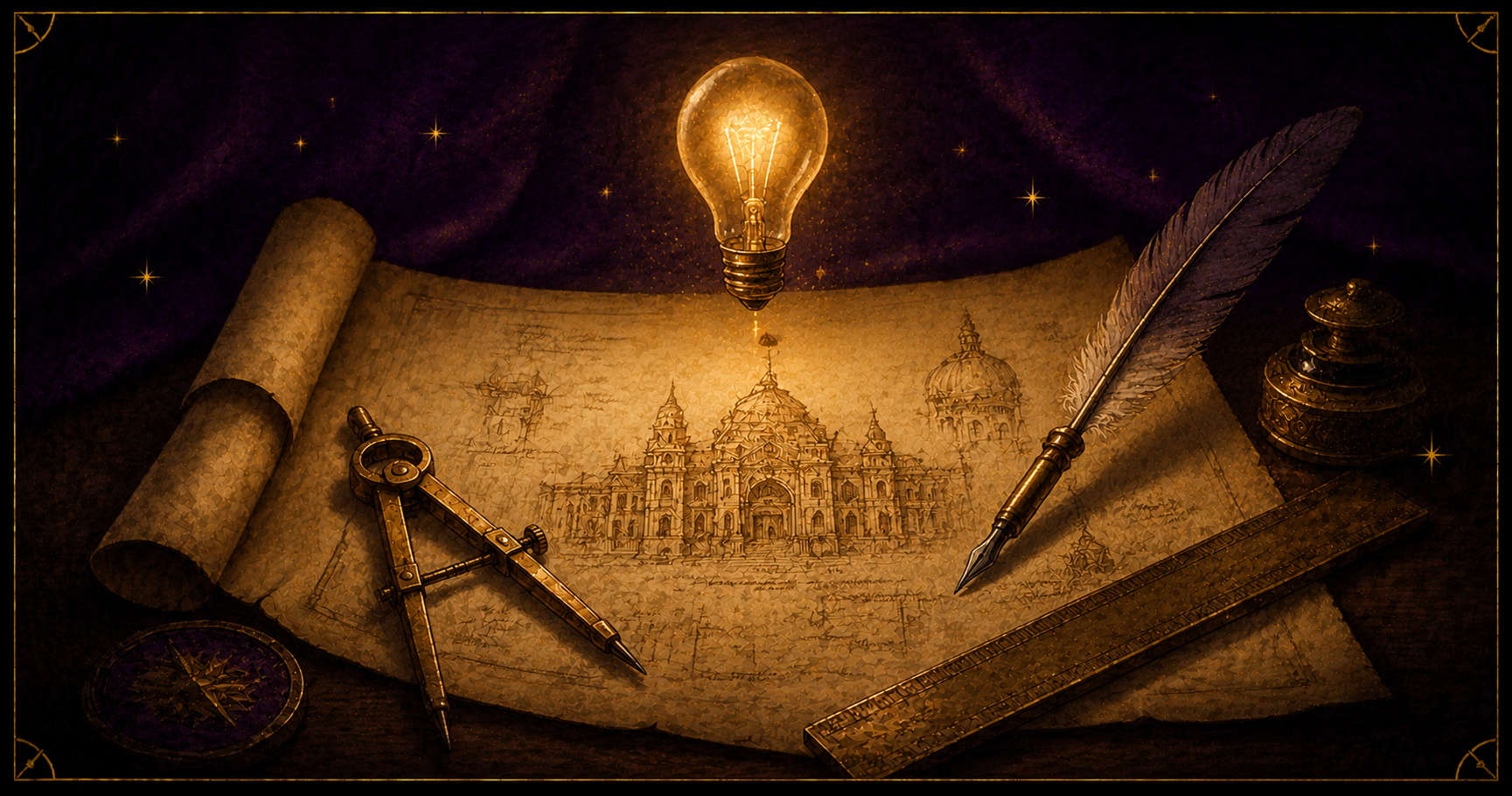 A designer's desk with blueprint, glowing lightbulb, quill, and drafting tools, in the Starlit Magic style
