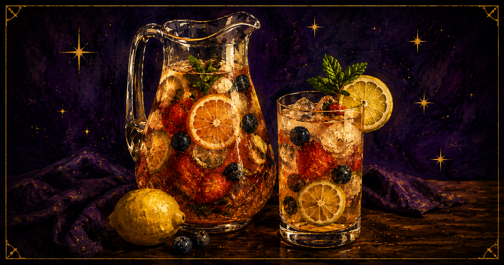 A pitcher and glass of fruit-and-herb mocktail with citrus and berries, in the Starlit Magic style