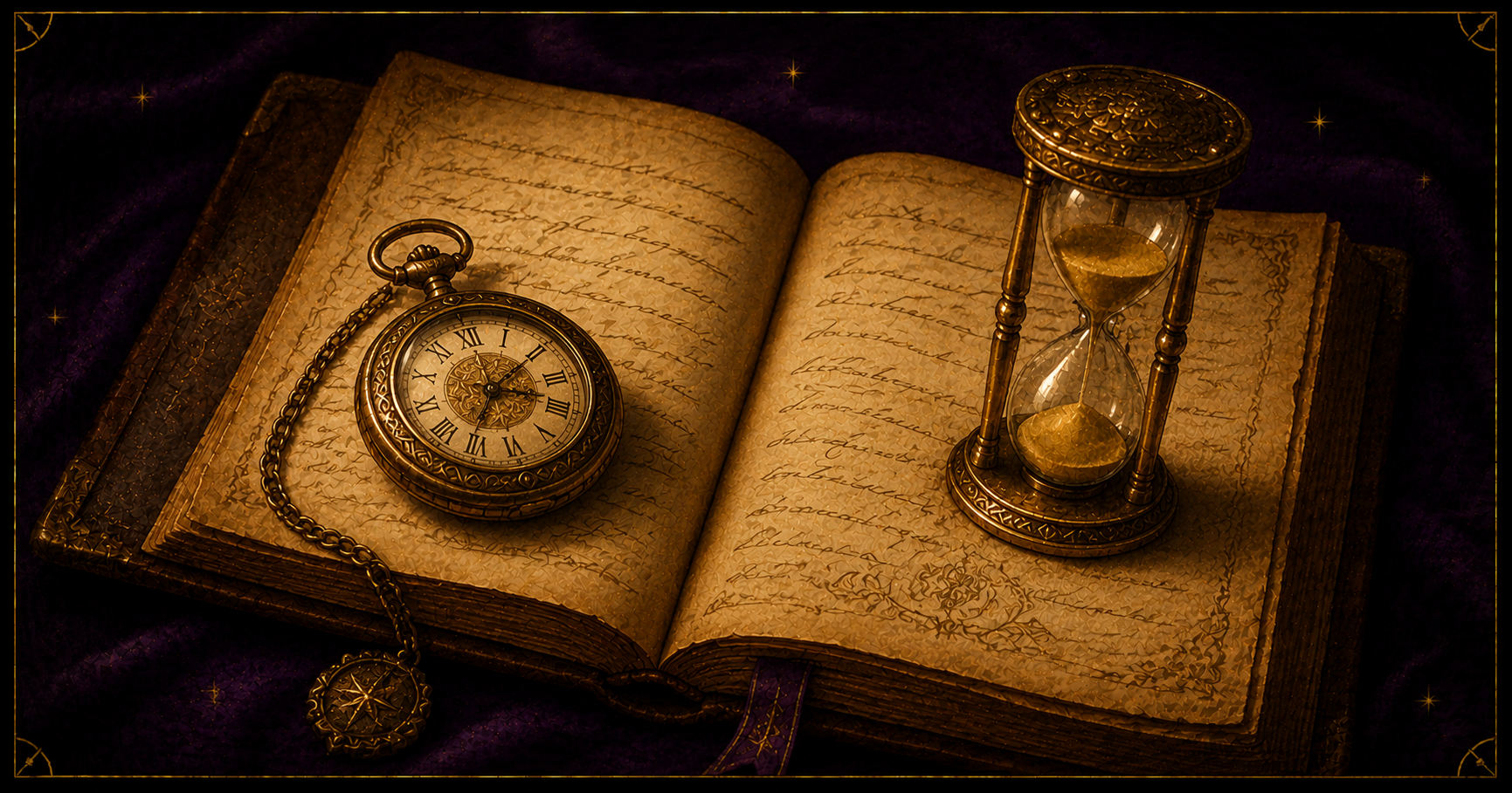 An open antique book with a pocket watch and hourglass, in the Starlit Magic style