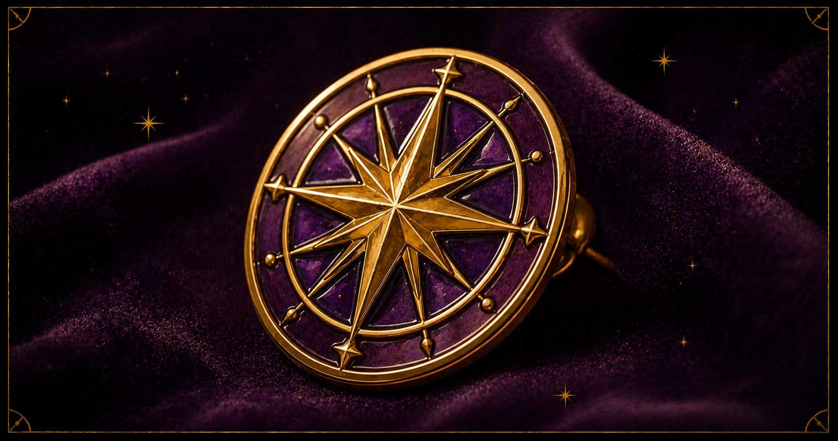 An ornate gold-and-purple Starlit Magic compass-rose enamel pin on velvet