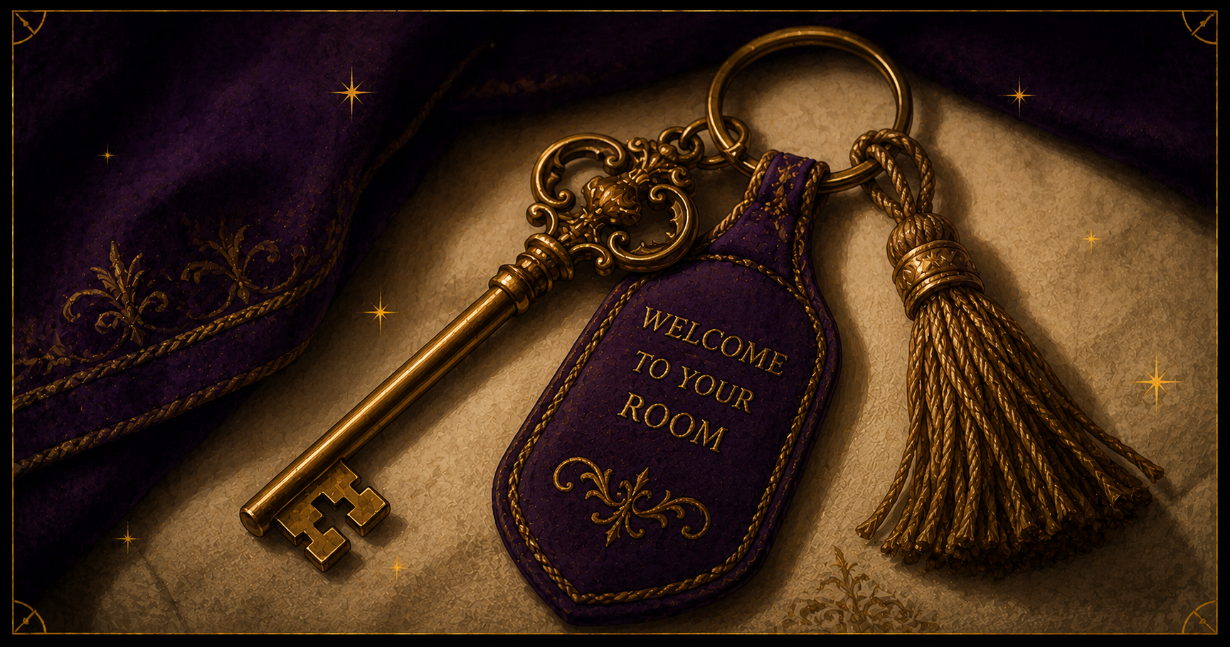 A gold room key and purple "Welcome to Your Room" fob with tassel, in the Starlit Magic style