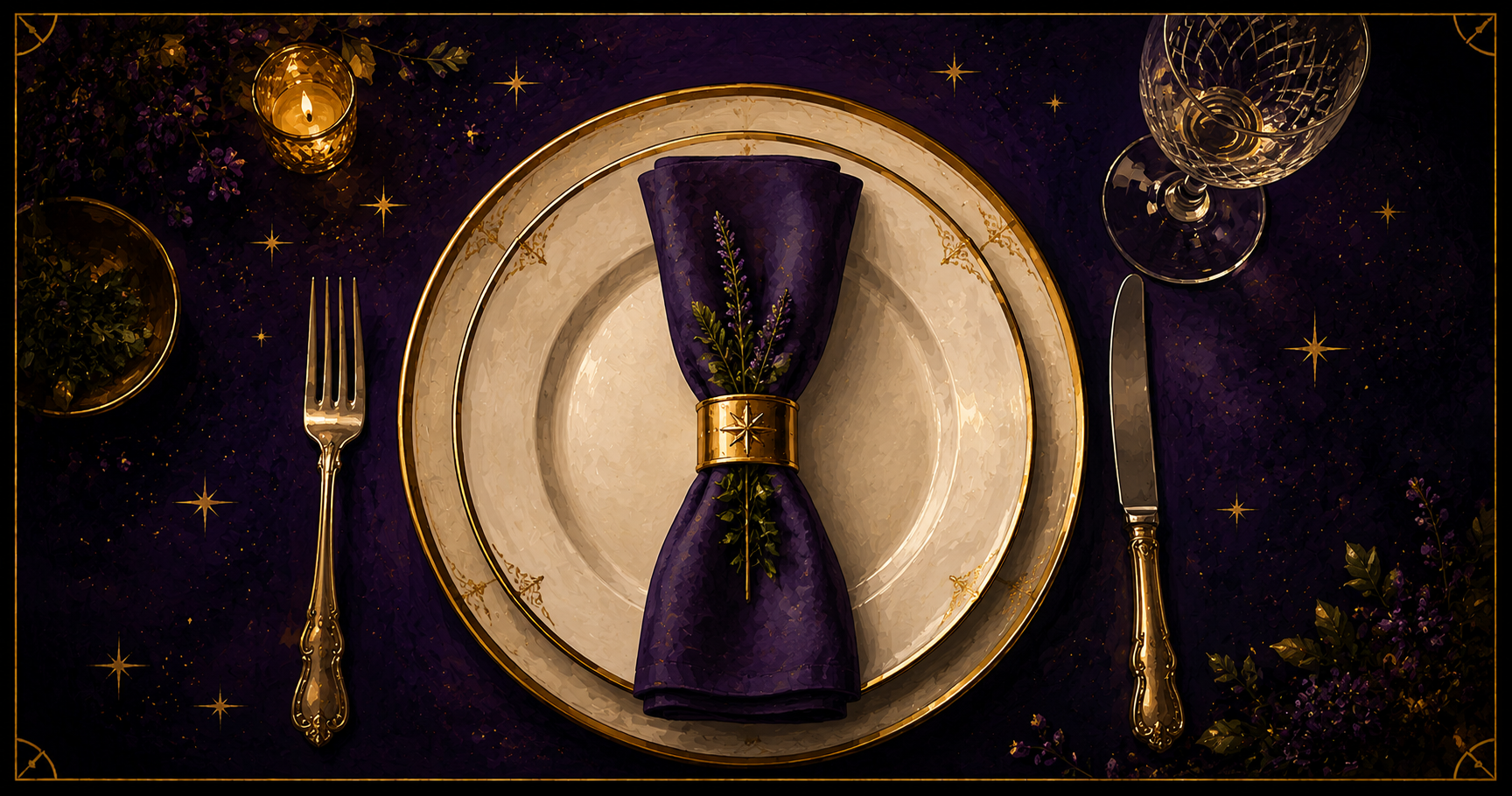 An elegant table setting with gold-rimmed china, purple napkin, and candlelight, in the Starlit Magic style