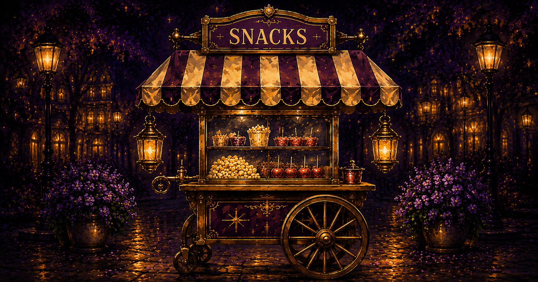 An old-world snack cart with popcorn and candy apples under a striped awning, in the Starlit Magic style