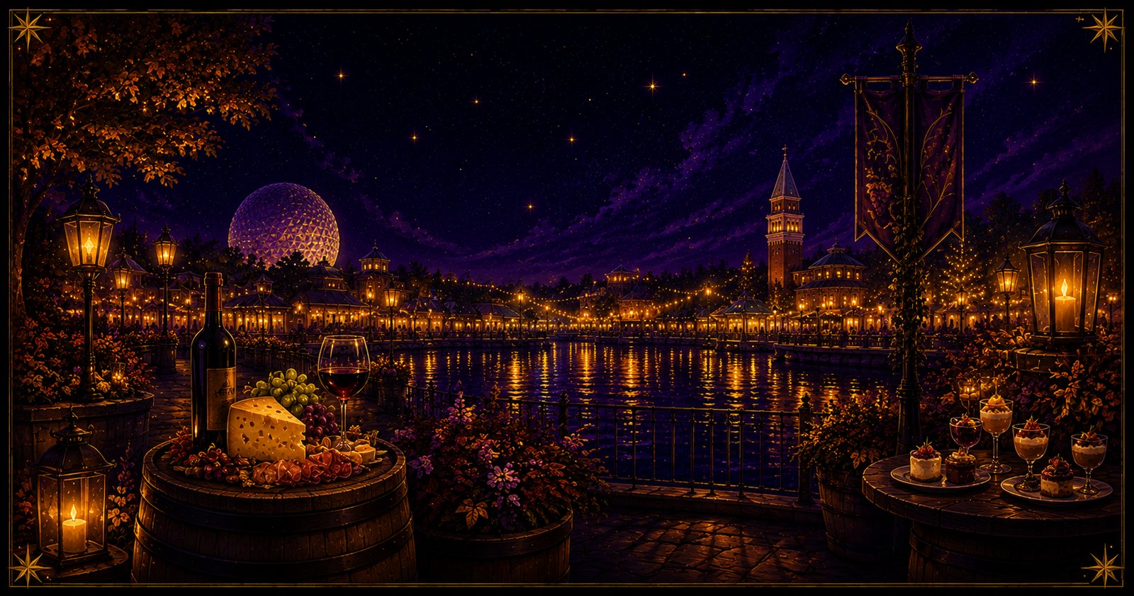 Illustrated nighttime view of EPCOT's World Showcase during the Food & Wine Festival — Spaceship Earth and the Italy pavilion across the lit lagoon, with wine, cheese, grapes, and desserts on barrels in the foreground.