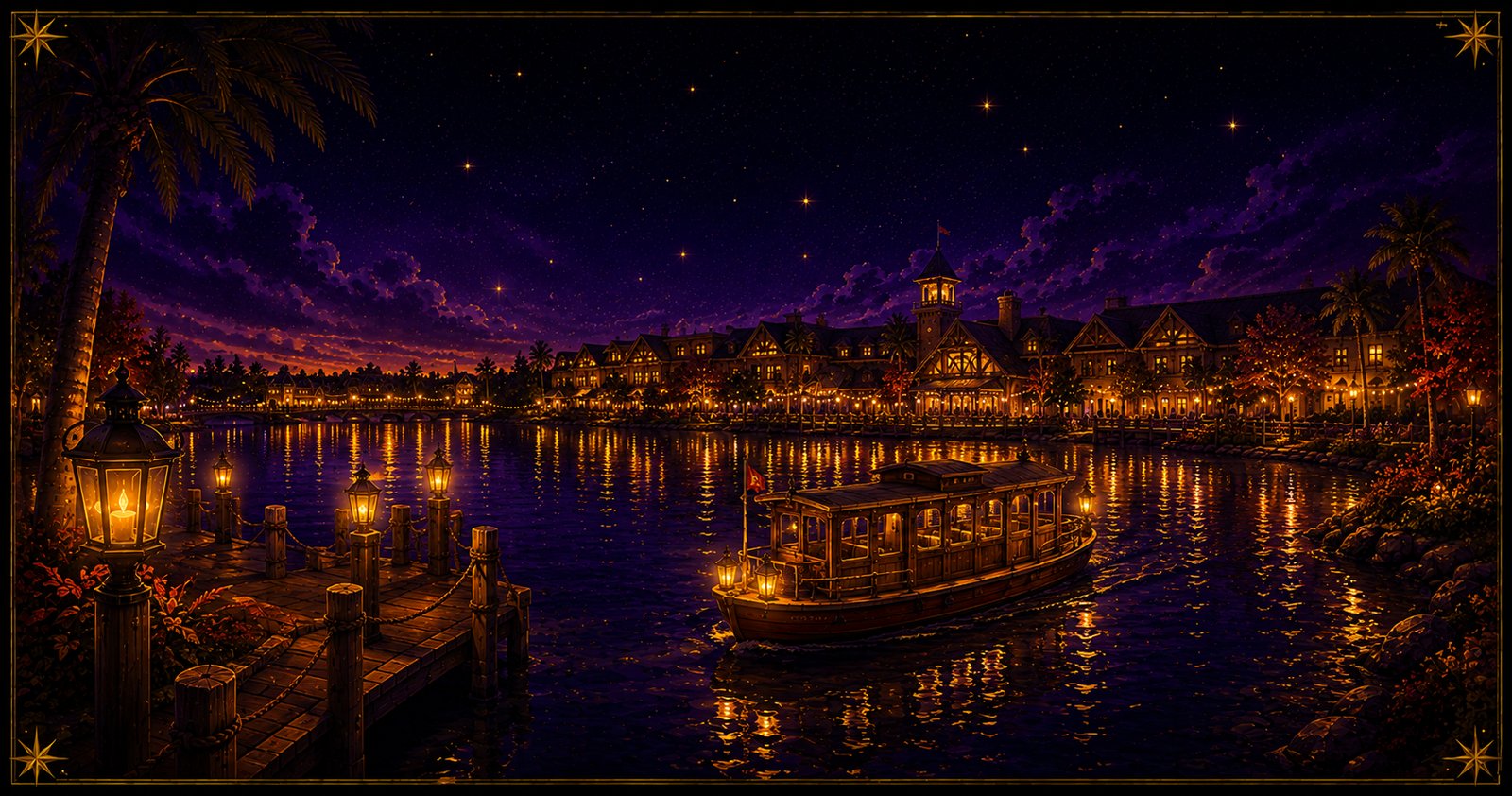 Illustrated nighttime Disney resort waterfront with a ferry boat, glowing lanterns, and warm light reflecting on a calm lake.