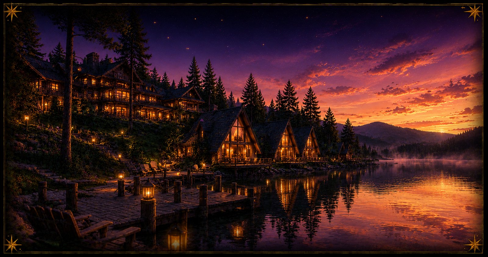 A timber lodge with warm glowing windows and A-frame waterfront cabins along a calm lake at golden-hour dusk.