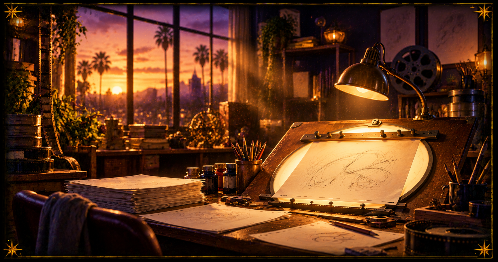 A warm, nostalgic animation studio workspace with a backlit drafting table, pencils, and film reels in golden light.