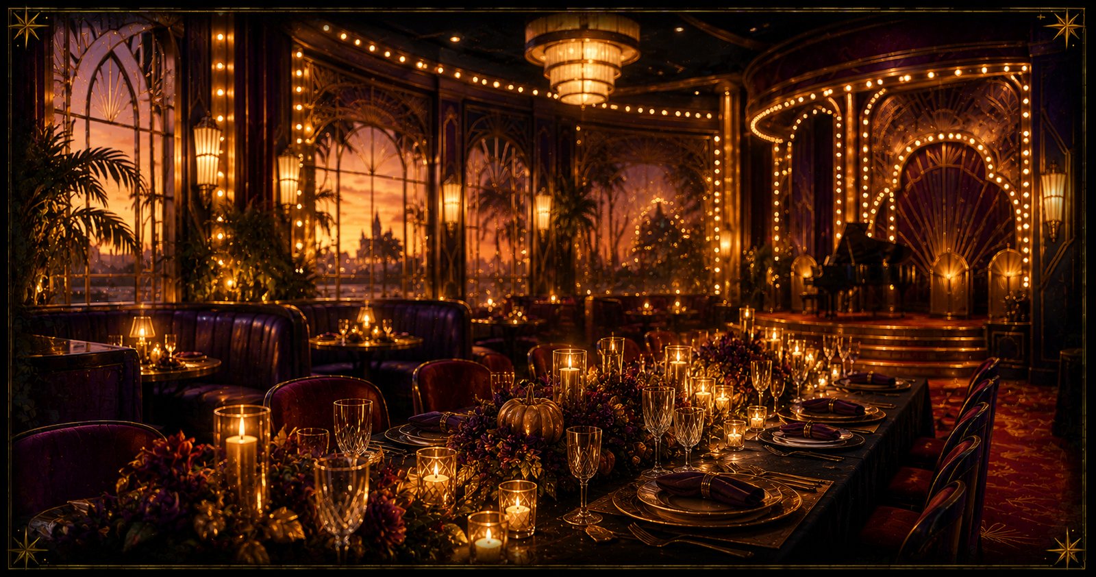 An elegant, candlelit Art Deco supper club set for a festive celebration in gold, purple, and deep red.