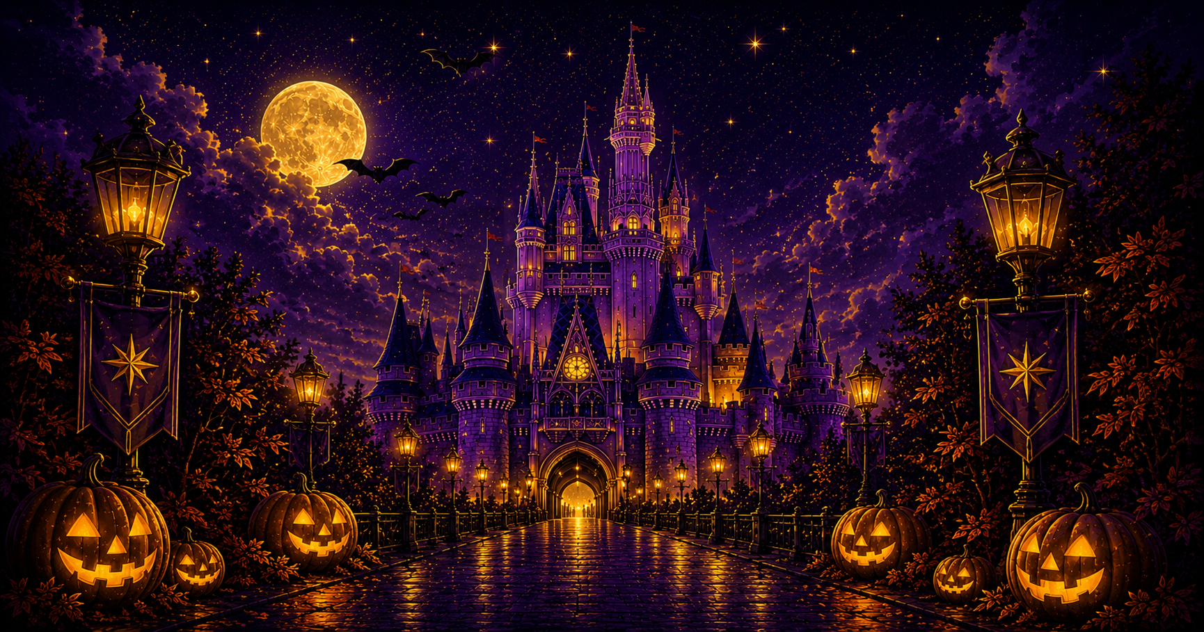 An illustrated fairytale castle at night decorated for Halloween with jack-o'-lanterns, bats, and a full moon, in the Starlit Magic style