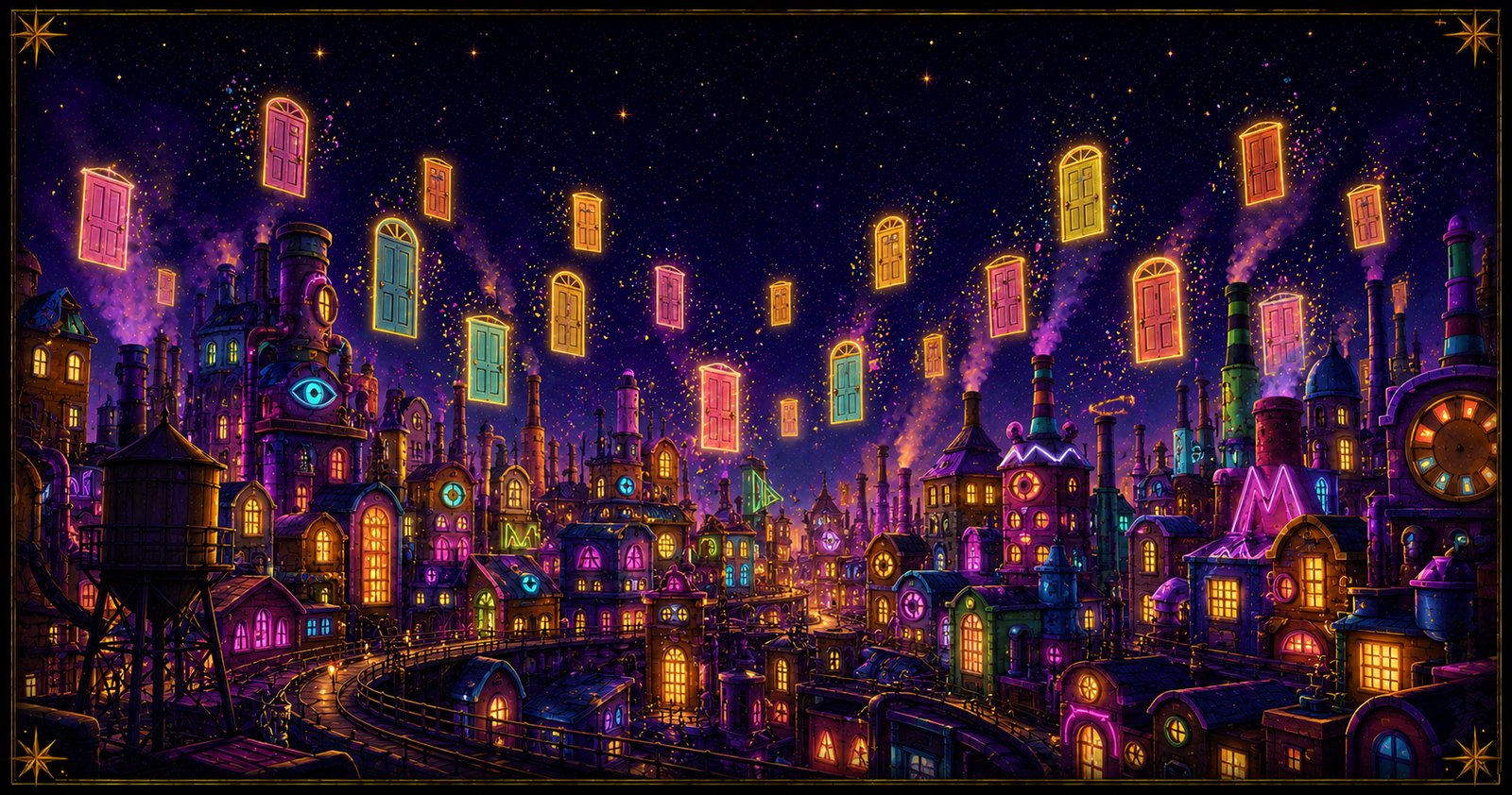 Illustrated whimsical monster city at night with colorful glowing doors floating above a candy-colored factory skyline — evoking the new Monstropolis land at Hollywood Studios.