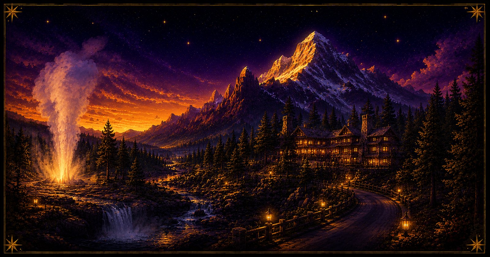 Illustrated national-park mountain wilderness at dusk with a geyser, waterfall, pine forest, and a warm-lit timber lodge — evoking Magic Kingdom's new Piston Peak land.
