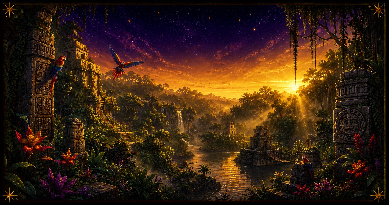 Illustrated tropical rainforest at golden hour with ancient Mesoamerican-style stone ruins, a winding river, waterfalls, and macaws — evoking Animal Kingdom's new Tropical Americas land.