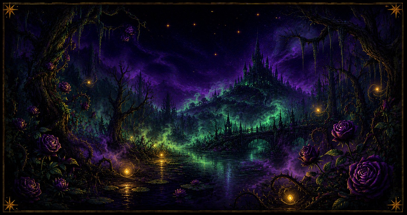 Illustrated dark enchanted swamp at night with deep-purple roses, thorns, green and violet mist, glowing wisps, and a distant gothic spire — evoking Magic Kingdom's new villains-themed land.