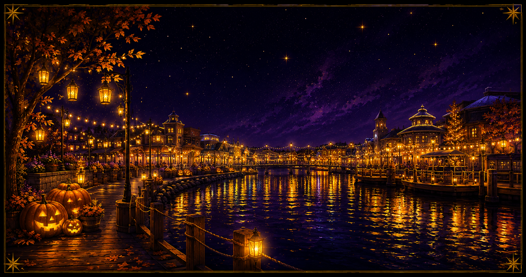 Disney Springs waterfront at night decorated for Halloween with glowing jack-o'-lanterns, string lights, and autumn leaves, in the Starlit Magic style